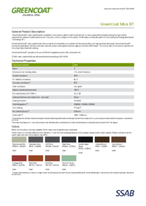 GreenCoat® Mica BT színes festékbevonattal rendelkező acéllemezek - műszaki adatlap