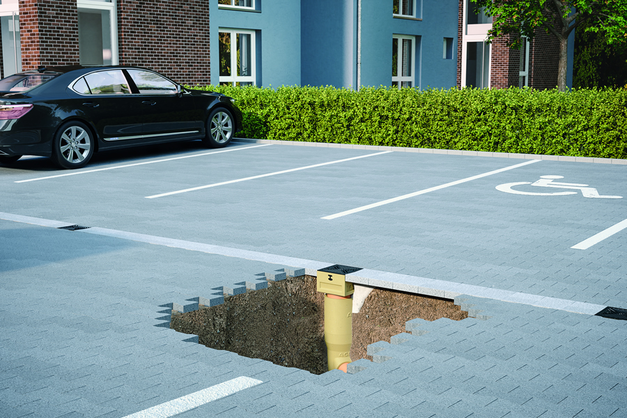 ACO Self® Europoint kör alakú lefolyótest, felsőrésszel parkolóban alkalmazva