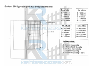Garten 2D duplapálcás fém egyszárnyú kapu - beépítési méretek - tervezési segédlet