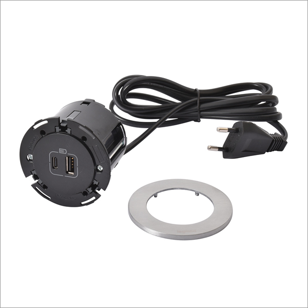 654732 - Incara Disq 60 - bútorba süllyeszthető USB A+C töltőaljzat, 2 m kábellel, alumínium