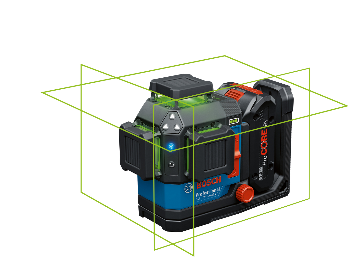 Bosch GLL 18V-120-33 CG Professional vonallézer – 3 x 360°-os zöld lézervonal