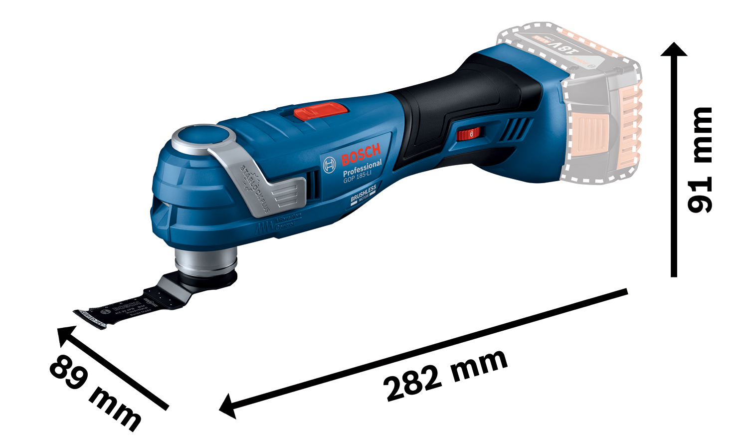 Bosch GOP 185-LI Professional akkus multifunkciós vágószerszám méretei