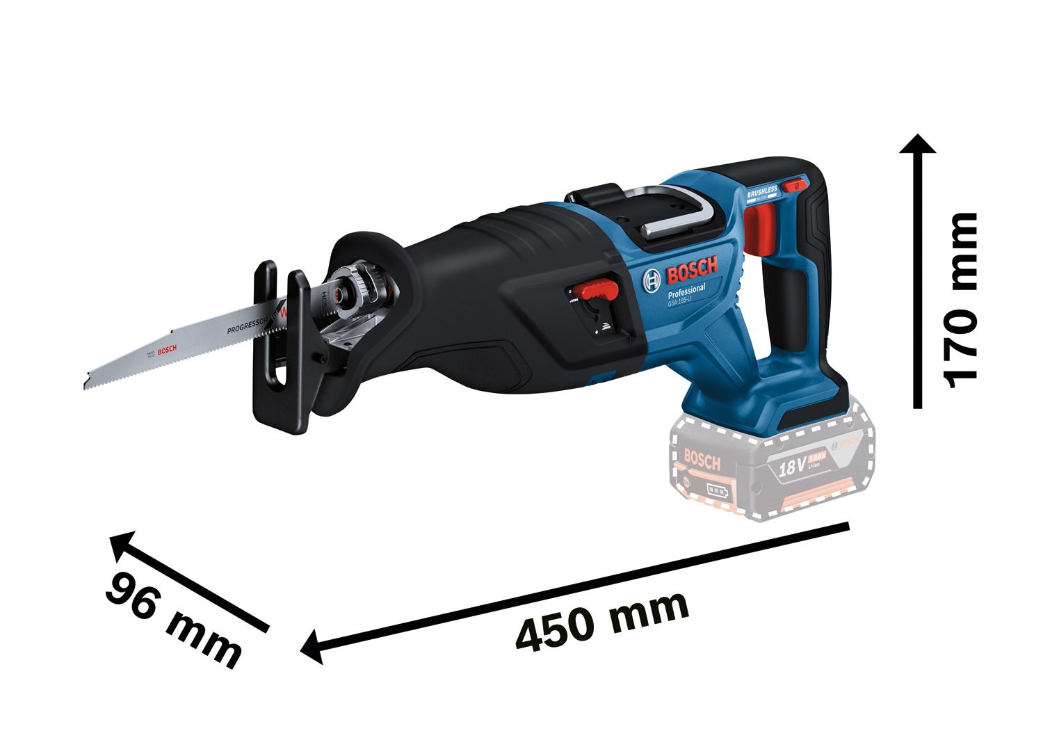 Bosch GSA 185-LI Professional akkus szablyafűrész méretei