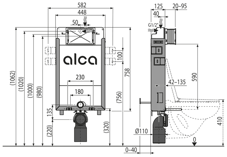 alcadrain AM115 Renovmodul öblítőtartály méretei