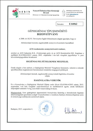 Az ACO Kft. rozsdamentes vízelvezető termékei higiéniai minősítő bizonyítványt kaptak