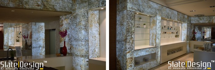 Átvilágítható Slate Design kőfurnér burkolatok alkalmazása szállodákban