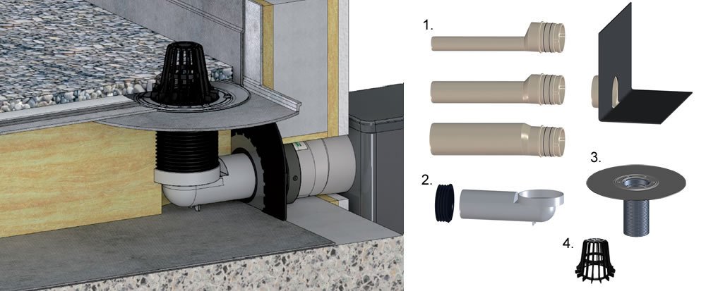 Oldalkifolyó melegtetőnél lombkosárral - bitumen párazáró, hőszigetelés, bitumen vízszigetelés, kavics leterhelés Oldalkifolyó melegtetőnél lombkosárral - bitumen párazáró, hőszigetelés, bitumen vízszigetelés, kavics leterhelés
