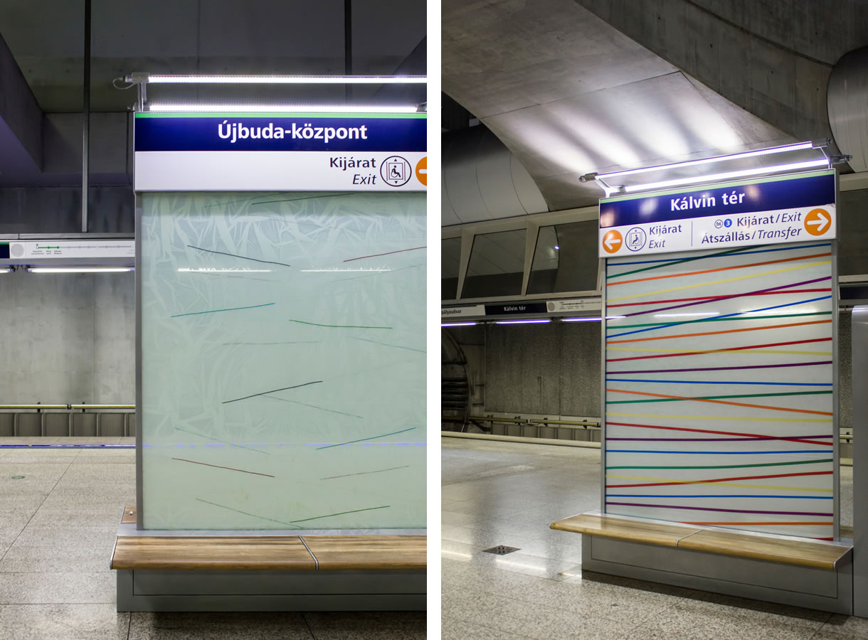 Rákosy Glass üvegek a 4-es Metró vonalán, 3. rész: üvegből készült várakozó- és jelzőtáblák