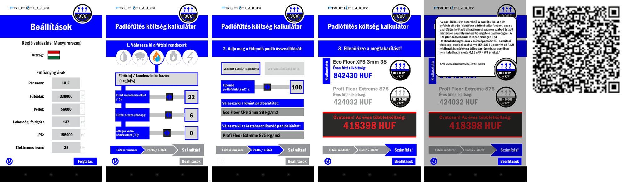 ProfiFloor alkalmazások a padlóalátétek összehasonlítására