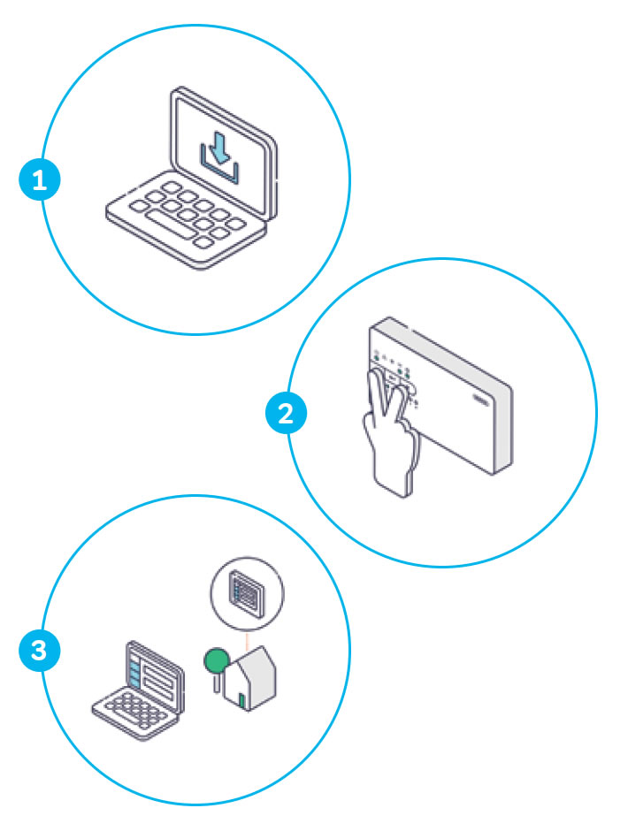 1. Sentio SmartConnect telepítése, 2. Hozzáférés megadása a vezérlő két gombjának segítségével, 
vagy a Sentio alkalmazáson keresztül, 3. A szoftver leképezi a Sentio beüzemelési  
érintőképernyőjének felületét