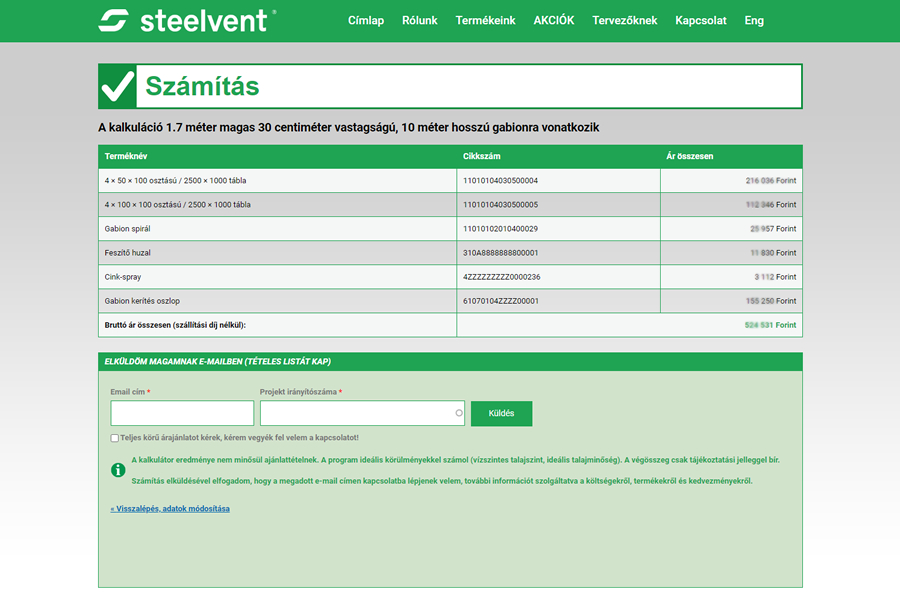 Steelvent gabion kerítés árkalkulátor - kalkuláció Steelvent gabion kerítés árkalkulátor - kalkuláció