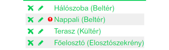 Probléma esetén figyelmeztető jelzés látható a kiválasztott helyiségeknél