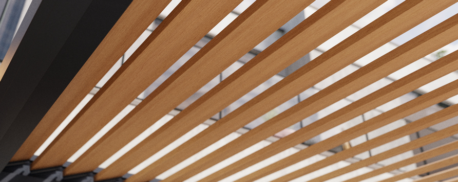 Új BRUSTOR természetes fa megjelenésű B200 XL pergola lamellák és tolórendszerű oldalfal panelek