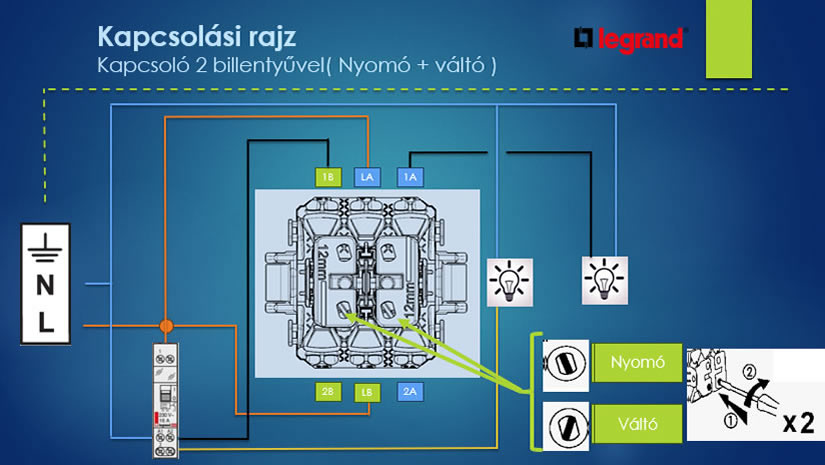 Kapcsolási rajz: kapcsoló 2 billentyűvel (nyomó + váltó)