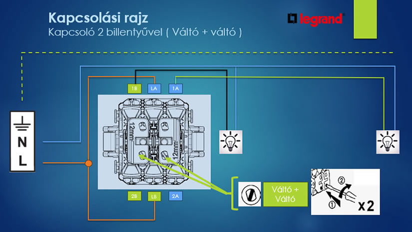 Kapcsolási rajz: kapcsoló 2 billentyűvel (váltó + váltó)