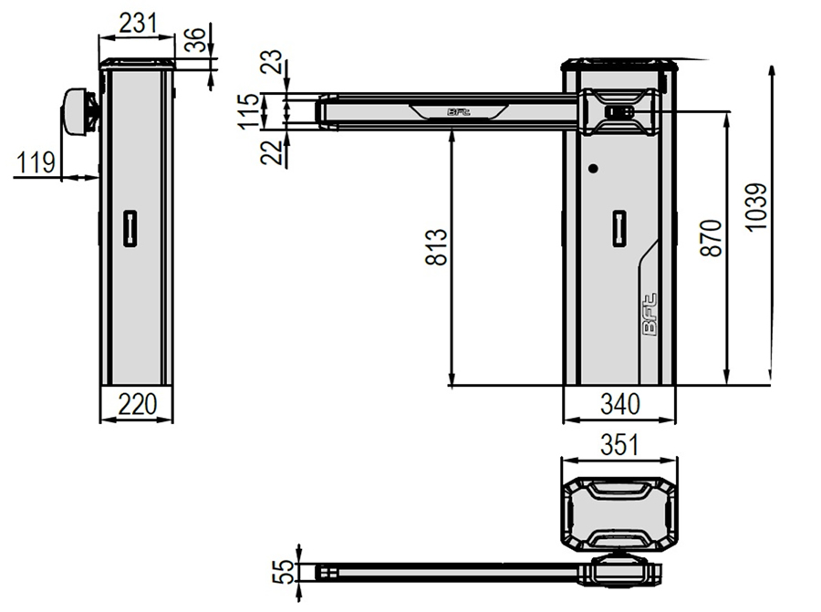 BFT Giotto BT A Ultra 36 sorompó - méretek