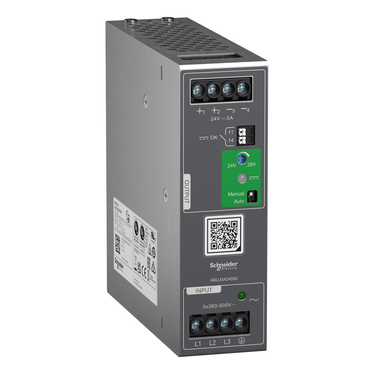Modicon ABLU3A24050 szabályozott tápegység, 380...500V AC, 24V, 5A, 3 fázis, univerzális Modicon ABLU3A24050 szabályozott tápegység, 380...500V AC, 24V, 5A, 3 fázis, univerzális