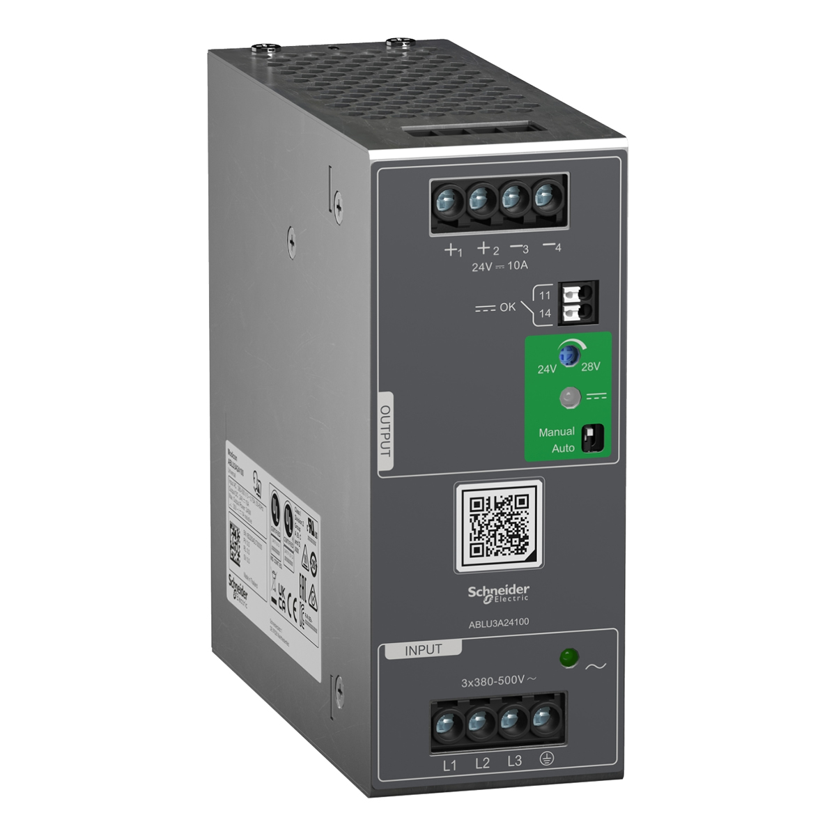 Modicon ABLU3A24100 szabályozott tápegység, 380...500V AC, 24V, 10A, 3 fázis, univerzális Modicon ABLU3A24100 szabályozott tápegység, 380...500V AC, 24V, 10A, 3 fázis, univerzális
