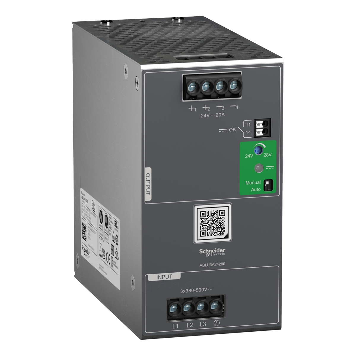 Modicon ABLU3A24200 szabályozott tápegység, 380...500V AC, 24V, 20A, 3 fázis, univerzális Modicon ABLU3A24200 szabályozott tápegység, 380...500V AC, 24V, 20A, 3 fázis, univerzális