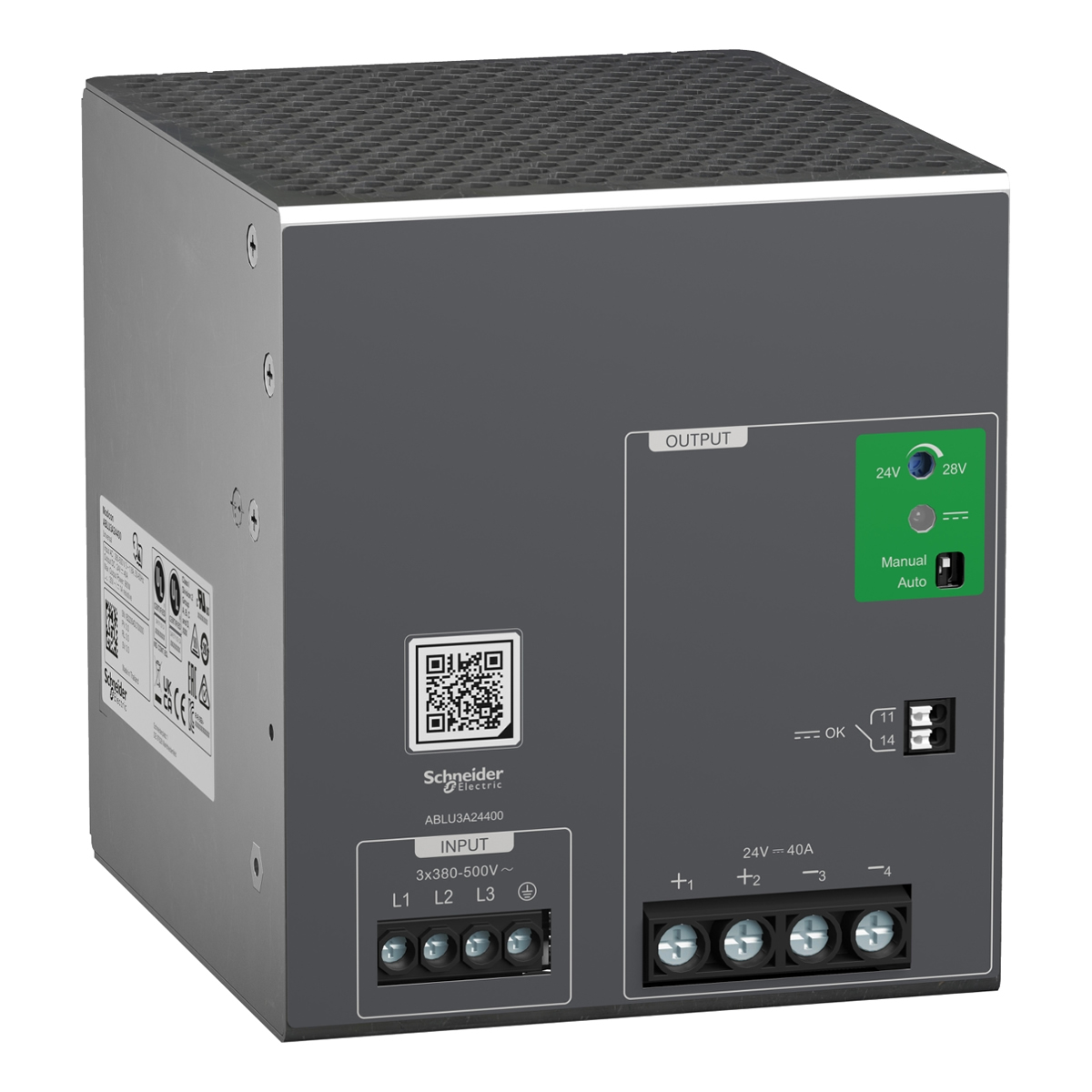 Modicon ABLU3A24400 szabályozott tápegység, 380...500V AC, 24V, 40A, 3 fázis, univerzális Modicon ABLU3A24400 szabályozott tápegység, 380...500V AC, 24V, 40A, 3 fázis, univerzális