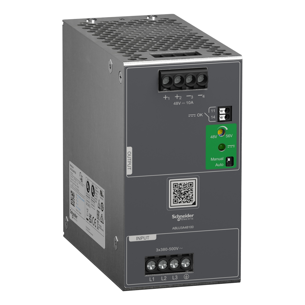 Modicon ABLU3A48100 szabályozott tápegység, 380...500V AC, 48V, 10A, 3 fázis, univerzális Modicon ABLU3A48100 szabályozott tápegység, 380...500V AC, 48V, 10A, 3 fázis, univerzális