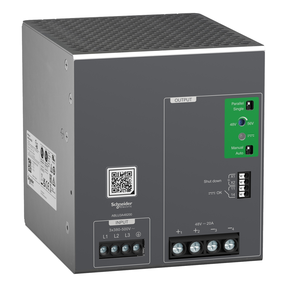 Modicon ABLU3A48200 szabályozott tápegység, 380...500V AC, 48V, 20A, 3 fázis, univerzális Modicon ABLU3A48200 szabályozott tápegység, 380...500V AC, 48V, 20A, 3 fázis, univerzális