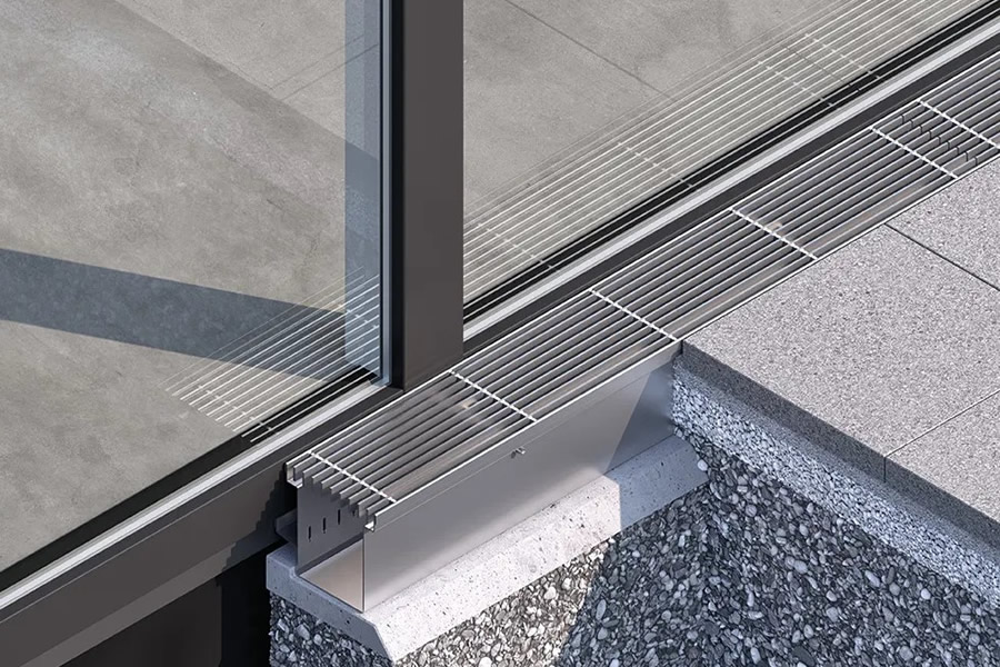 STEELFIX FLEX homlokzati vízelvezető folyóka üvegezett függönyfalakhoz