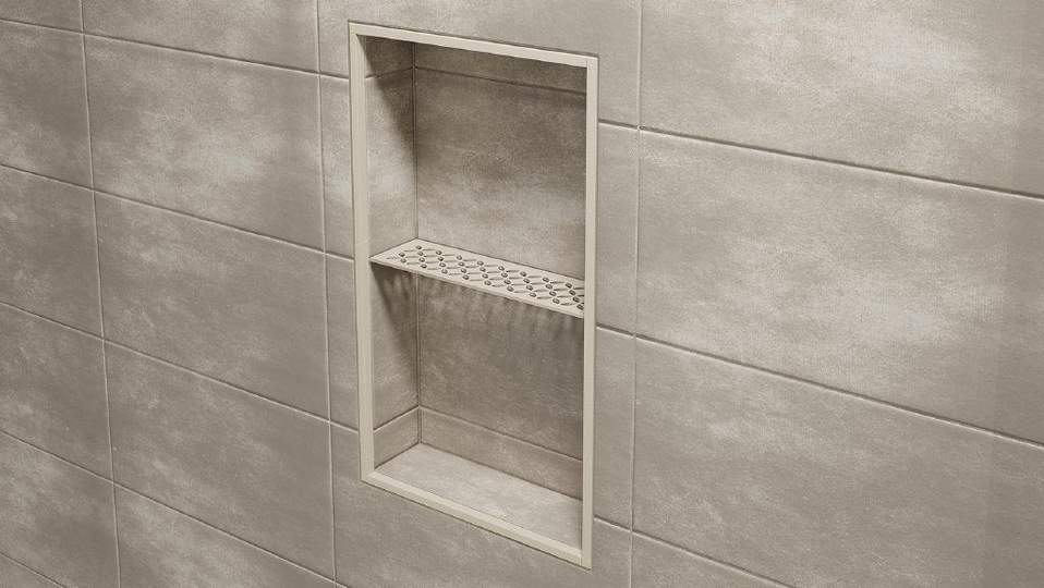 Új Schlüter®-SHELF dekoratív lerakópolcok - Falfülkés beépítés Új Schlüter®-SHELF dekoratív lerakópolcok - Falfülkés beépítés