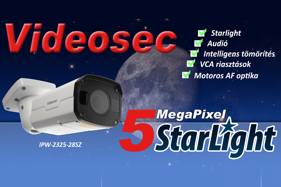 Videosec IPW-2325-28SZ Varifokális Starlight kamera, valós idejű 5 megapixeles felbontás