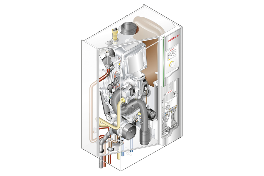 A Weishaupt kondenzációs gázkazánok 100 kW-ig padlón álló kivitelben is elérhetők